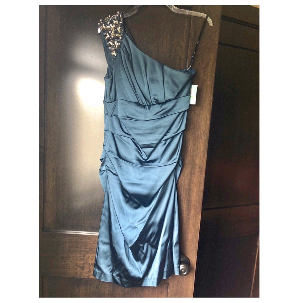 Suzi Chin one shoulder beaded teal (blue) dress